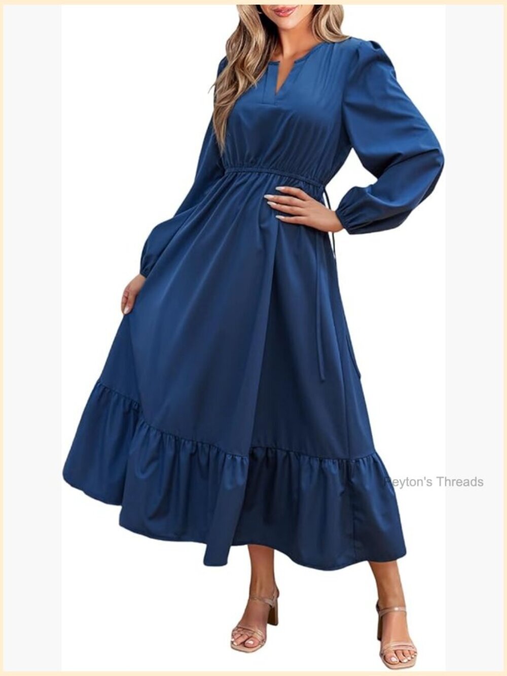 Long Sleeve V Neck A Line Tunic Waist Ruffled Maxi Party Dress